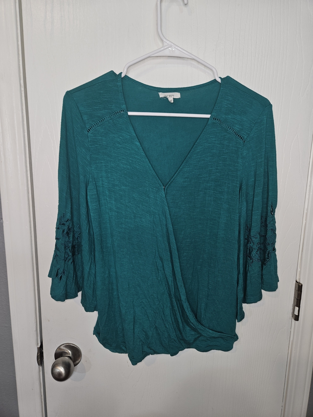 Maurices Teal Wrap-Style Blouse with Lace Sleeve Detail